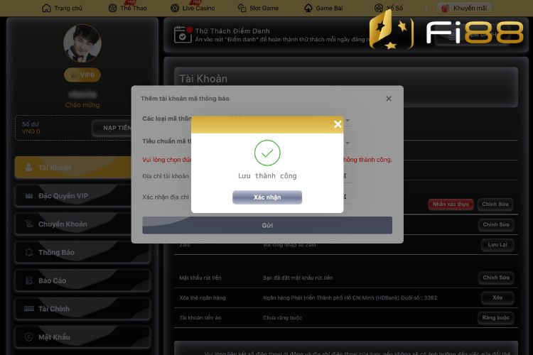 Hoàn tất việc cập nhật thành công tài khoản tiền ảo tại ví Fi88