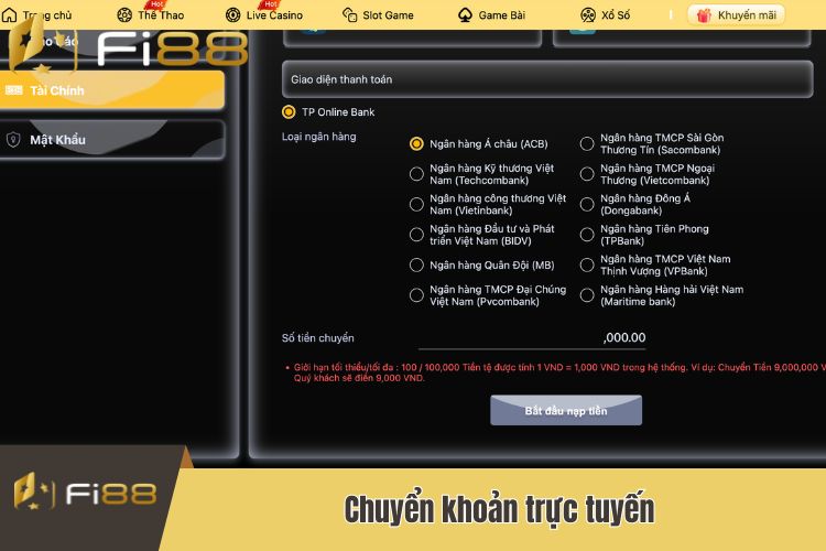 Nhập thông tin giao dịch chi tiết đối với hình thức chuyển khoản trực tuyến