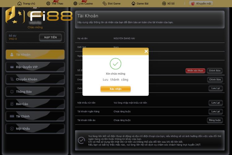 Hoàn tất quy trình xác nhận mật khẩu rút tiền Fi88