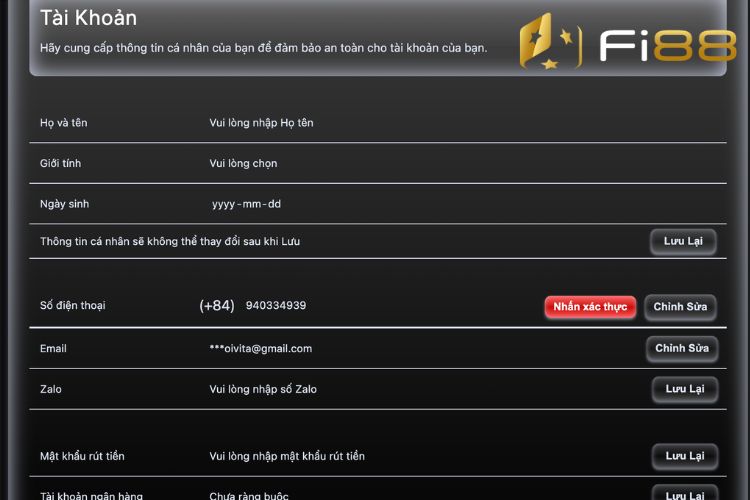 Điền đầy đủ các thông tin cá nhân trong nạp tiền Fi88