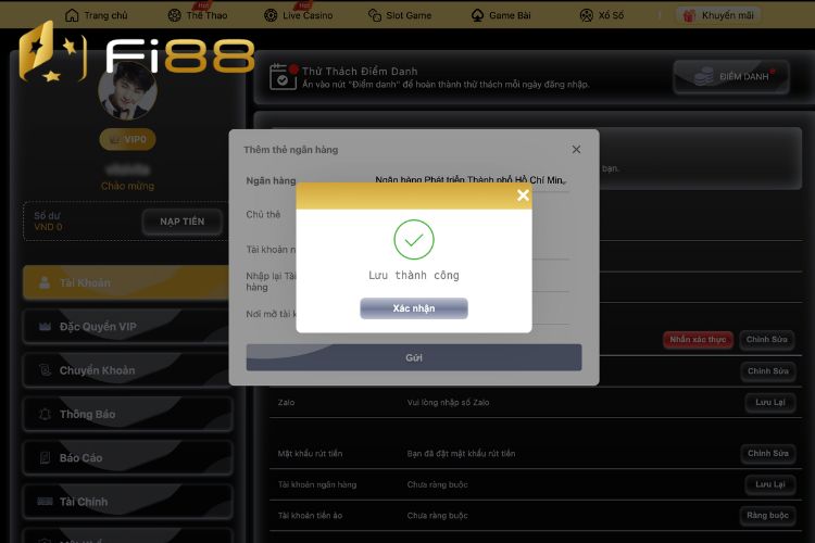 Cập nhật thành công tài khoản ngân hàng trong mục rút tiền Fi88