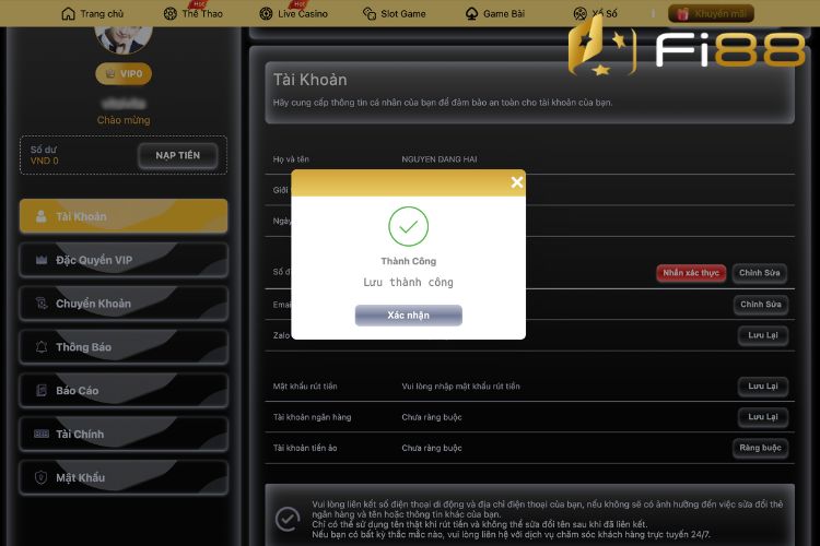 Nhà cái xác nhận quá trình cập nhật thông tin thành công