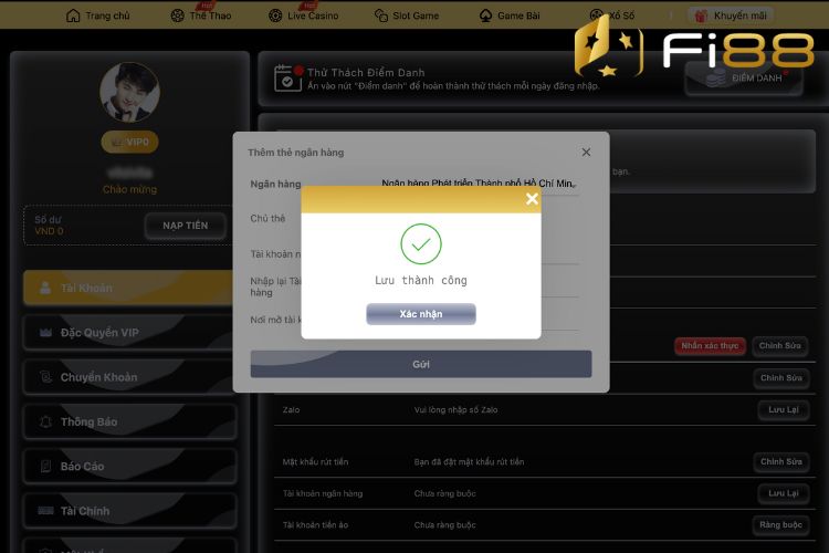 Tiến hành xác nhận lưu thành công thông tin tài khoản ngân hàng